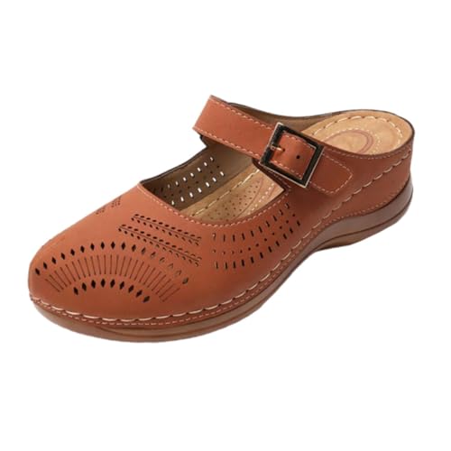 OUNONA Vintage Wedges Sandalen Damen Braun Offene Ferse Komfortable Slipper Mit Mittelhohem Absatz Bequeme Casual Schuhe Für Alltag und Freizeit von OUNONA