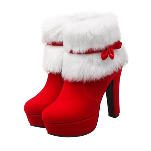 OUNONA Weihnachtliche Damen Stiefeletten Kurzstiefel mit Hohem Absatz und Plateau Flauschig Gefüttert Rutschfeste Gummisohle Seitlicher Reißverschluss Eleganter Look für Winter und Kalte von OUNONA