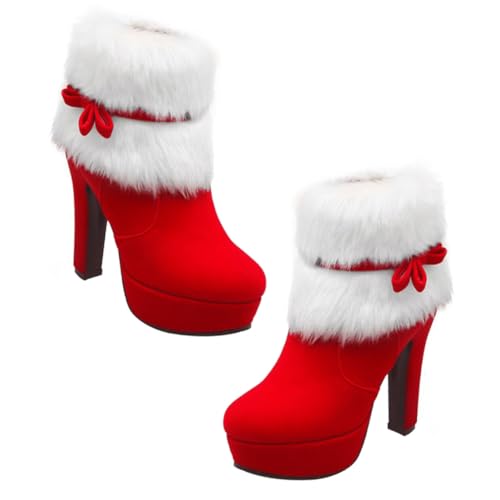 OUNONA Winterstiefel Damen Kurzstiefel mit Hohem Absatz Weiche Plüschfütterung Seitlicher Reißverschluss und Schleifenverzierung Weihnachts Winterschuhe für Kalte Tage von OUNONA