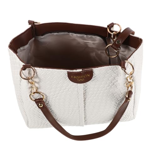 OUNONA Woven PU Schultertasche Damen Handtasche Sommer Tote Leicht Verstellbar Modisch Weiß Braun von OUNONA