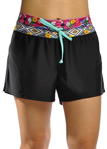 OUO Damen Badeshorts UV Schutz Schwimmen Bikinihose Wassersport Schwimmshorts Boardshorts,Schwarz-Rot,L von OUO