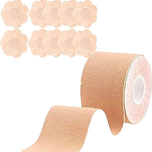 Klebeband Brust Tape,Bruststraffungsband,Damen BH Klebend,Unsichtbarer Busen Tape,Body Lift Tape Selbstklebendes Brust Tape,Brüste Tape mit 5 Paare Nipple Cover für Brautkleider Kleid A-H Cup von OUOQI