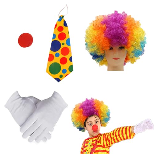 OUOQI 4 Stück Clown Kostümzubehör,Clown Kostüm Set,Regenbogen Perücke Clown,Clown Kostüm Accessoire,Clown Perücke,Clown Krawatte,Clown Nase und Handschuhe,Karnevals Kostüm Cosplay von OUOQI