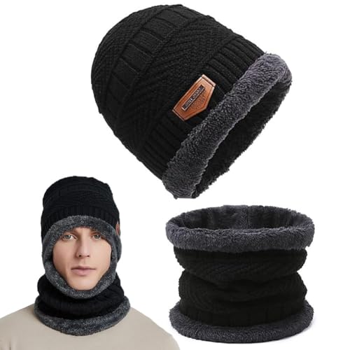 OUOQI Winter Warm Beanie Mütze,Wintermütze Schal Set,Wintermütze und Loop Schal,Unisex Strickmütze mit Fleecefutter Mütze Schal,Wolle Strickmütze und Loop Schal für Herren und Damen von OUOQI