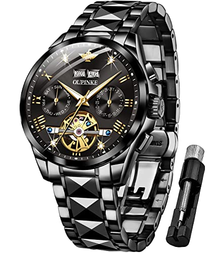 Herren Luxus Armbanduhr Automatisch Mechanisch Selbstaufzug Saphir Kristall Wolfram Edelstahl Wasserdicht Zweifarbige Business Kleid Uhren, Komplett schwarz, Armband von OUPINKE