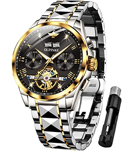 Herren Luxus Armbanduhr Automatisch Mechanisch Selbstaufzug Saphir Kristall Wolfram Edelstahl Wasserdicht Zweifarbige Business Kleid Uhren, Schwarz, Armband von OUPINKE