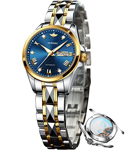 OUPINKE Automatische Damenuhren, selbstaufziehend, mechanisch, luxuriös, Diamant-Zifferblatt, Wolframstahl, Armbanduhr für Damen, Datum, wasserdicht, leuchtend, Blau, Uhren für Damen von OUPINKE
