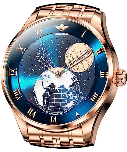 OUPINKE Automatische Uhren für Männer Sternenhimmel Selbstaufzug Mechanische Edelstahl Männliche Uhr Luxus Wasserdicht Stilvolle Herrenuhren, roségold blau, Kleid von OUPINKE