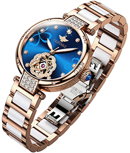 OUPINKE Damen Automatikuhren Rose Gold Keramik Diamant Elegante Kleid Armbanduhr Skelett Gravur Mechanisch Selbstaufzug Wasserdicht Leuchtend, Rotgoldenes Band & blaues Zifferblatt, Modern von OUPINKE