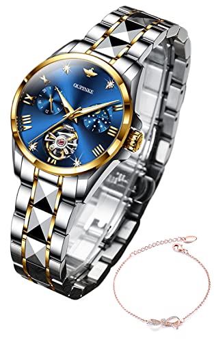 OUPINKE Damen Uhren Automatische Luxus Rose Gold Uhren Mechanische Mondphase Wolfram Stahl Kristall Skelett Wasserdicht Leuchtende Damenuhr…, Blau, Damenuhren von OUPINKE