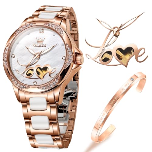 OLEVS Damenuhren Automatikuhren Rose Gold Mechanisch Armbanduhren Selbstaufziehend Luxus Keramikband Wasserdicht Diamantarmband Uhren Sets Geschenke von OLEVS