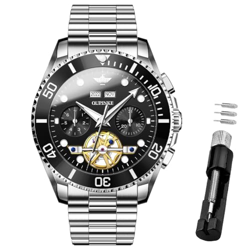 OUPINKE Herren-Automatikuhr, Skelett, mechanisch, selbstaufziehend, luxuriös, Chronograph, Kalender, leuchtende Uhr für Herren, 50 m wasserdicht, Saphirglas, 3229 Silberarmband, schwarzes Zifferblatt, von OUPINKE