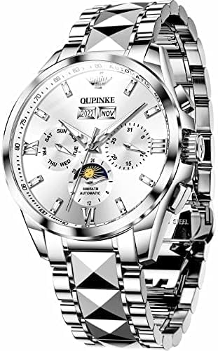 OUPINKE Herren automatische mechanische Uhr Luxus Anzug automatische Aufzug Wolframstahl Mondphase Datum Nachtleuchten wasserdichte Armbanduhr von OUPINKE