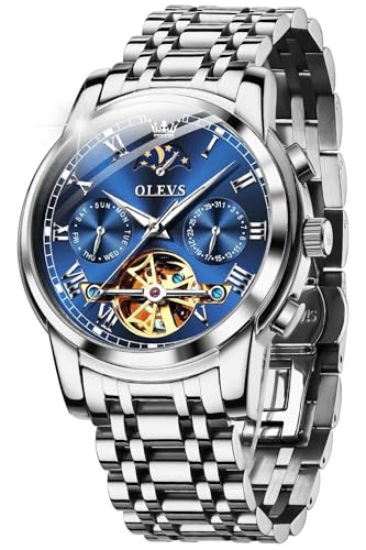 Herrenuhr Automatik Luxus Skelett Mechanik Blau Zifferblatt mit Mondphase Tourbillon Tag Datum Wasserdicht Luminous Silber Edelstahlarmband von OUPINKE