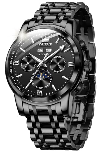 OUPINKE Herrenuhr Automatik Mechanische Armbanduhr Schwarz Zifferblatt mit Mondphase Wasserdicht Luminous Tag Datum Schwarz Edelstahlarmband von OUPINKE