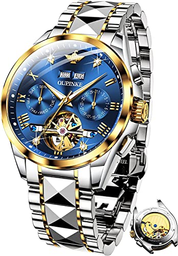 OUPINKE Herrenuhren Automatik Blau Skelett Mechanisch Selbstaufzug Luxus Diamant Saphirkristall Wasserdicht Wolframstahl Business Armbanduhr von OUPINKE
