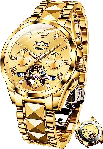 OUPINKE Herrenuhren Automatik Goldene Skelett Mechanisch Selbstaufzug Luxus Diamant Saphirkristall Wasserdicht Wolframstahl Business Armbanduhr von OUPINKE