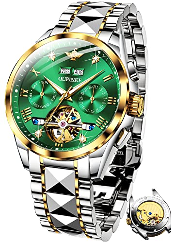 OUPINKE Herrenuhren Automatik Grün Skelett Mechanisch Selbstaufzug Luxus Diamant Saphirkristall Wasserdicht Wolframstahl Business Armbanduhr von OUPINKE