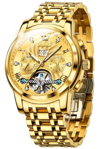 OUPINKE Herrenuhren Automatik Skelett Mechanische Armbanduhr Schwarz Zifferblatt mit Diamanten Tourbillon Wasserdicht Luminous Tag Datum Schwarz Edelstahlarmband von OUPINKE