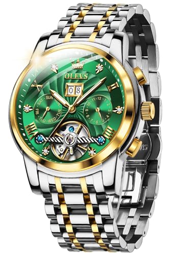 OUPINKE Herrenuhren Automatik Skelett Mechanische Armbanduhr Schwarz Zifferblatt mit Diamanten Tourbillon Wasserdicht Luminous Tag Datum Schwarz Edelstahlarmband von OUPINKE