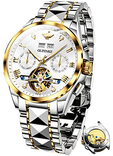 OUPINKE Herrenuhren Automatik Weiß Skelett Mechanisch Selbstaufzug Luxus Diamant Saphirkristall Wasserdicht Wolframstahl Business Armbanduhr von OUPINKE