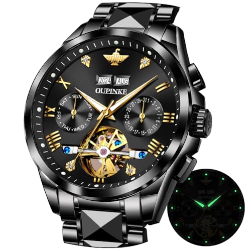 OUPINKE Schwarze automatische mechanische Armbanduhr für Herren Luxus-Kleid Wolframstahl Leuchtend wasserdicht synthetischer Saphir Diamant Kalender Männer von OUPINKE