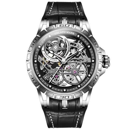 OUPINKE Skelett Herren Uhren Automatische Mechanische Luxus Uhr Saphir Kristall Lederband Wasserdicht Leuchtend Hohe Qualität Kleid Armbanduhr, Silberfarben und Schwarz, 6015 von OUPINKE