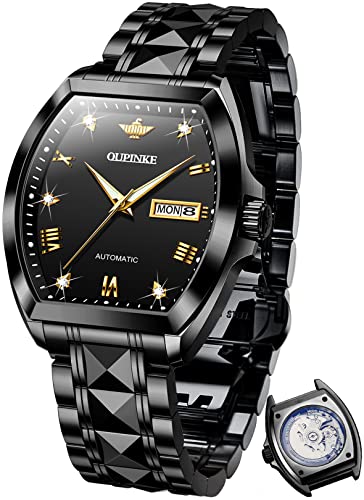 OUPINKE Tonneau Herren-Armbanduhr, Luxus-Automatik, mechanische Business-Diamant-Armbanduhr, Saphir-Kristall, Wolframstahl, wasserdicht, leuchtend, Schwarzes Armband und schwarzes Zifferblatt von OUPINKE