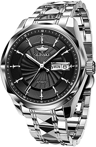 OUPINKE Herren-Armbanduhr, automatisch, selbstaufziehend, mechanisch, Metall, Edelstahl, wasserdicht, analog, Datumsanzeige, Armbanduhr, Schwarz , Armband von OUPINKE