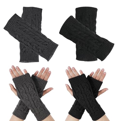 OUQIWEN 2 Paar Halb Fingerlose Handschuhe,Fingerlose HandschuheDamen,Winter Pulswärmer Strickhandschuhe Unisex (Schwarz + Dunkelgrau) von OUQIWEN