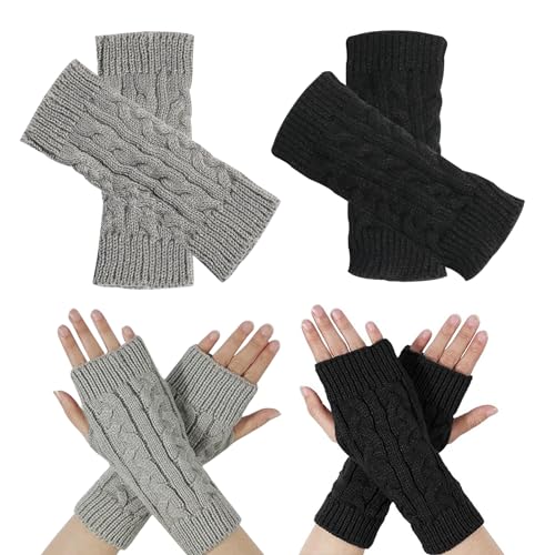 OUQIWEN 2 Paar Halb Fingerlose Handschuhe,Fingerlose HandschuheDamen,Winter Pulswärmer Strickhandschuhe Unisex (Schwarz + Hellgrau) von OUQIWEN