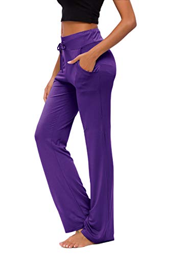 OURCAN Damen Yoga Hose Mit Taschen Breites Bein Kordelzug Lose Gerade Lounge Laufen Workout Modale Hose Aktive Freizeit Jogginghose (Dunkelviolett, 2XL) von OURCAN