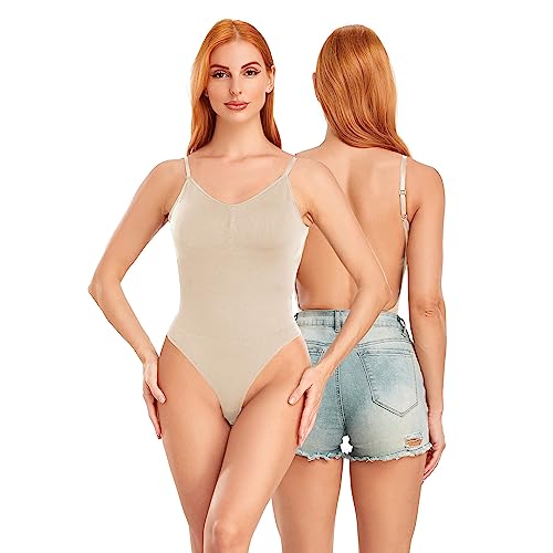 OURCAN Niedriger Rücken Bodysuit Figurenformend Damen Body Formender Body Shaper Bauchweg Sculpting Shapewear Verstellbarer Schultergurt Fleischfarben S (Übergrösse) von OURCAN