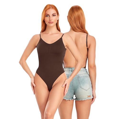 OURCAN Niedriger Rücken Bodysuit Figurenformend Damen Body Formender Body Shaper Bauchweg Sculpting Shapewear Verstellbarer Schultergurt Kaffeefarbe XS von OURCAN
