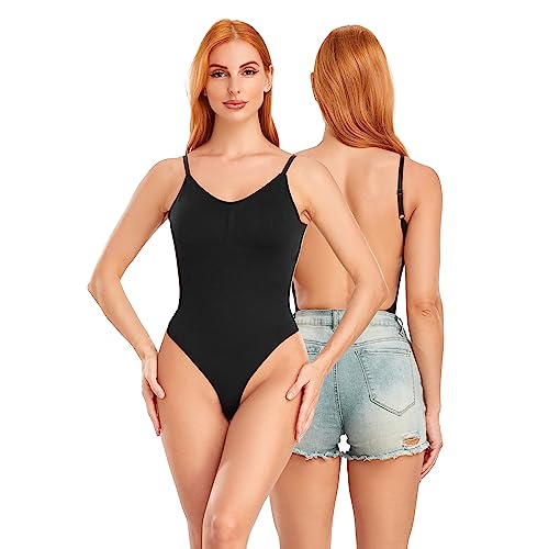 OURCAN Niedriger Rücken Bodysuit Figurenformend Damen Body Formender Body Shaper Bauchweg Sculpting Shapewear Verstellbarer Schultergurt Schwarz S von OURCAN