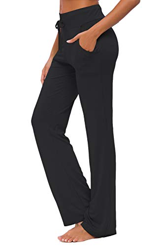 Women's Yoga Trousers with Pockets Wide Leg Drawstring Loose Straight Lounge Running Workout Modal Trousers Active Leisure Jogging Bottoms Black S von OURCAN
