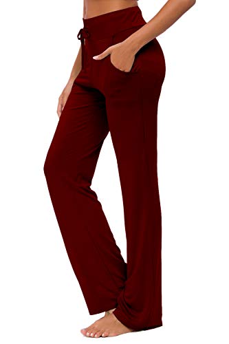 Women's Yoga Trousers with Pockets Wide Leg Drawstring Loose Straight Lounge Running Workout Modal Trousers Active Leisure Jogging Bottoms Claret S von OURCAN