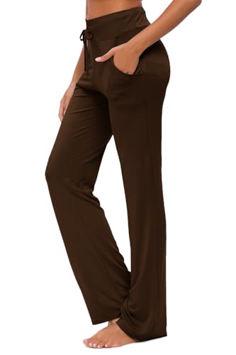 Women's Yoga Trousers with Pockets Wide Leg Drawstring Loose Straight Lounge Running Workout Modal Trousers Active Leisure Jogging Bottoms Coffee S von OURCAN