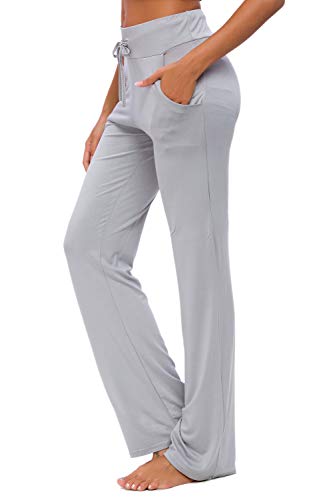 Women's Yoga Trousers with Pockets Wide Leg Drawstring Loose Straight Lounge Running Workout Modal Trousers Active Leisure Jogging Bottoms Light Grey S von OURCAN