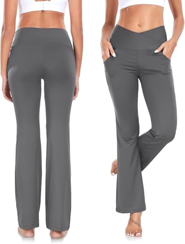 Yogahose Damen mit Taschen Blickdicht Cross V-Taille Bootcut Jogginghose Schlaghose Fitnesshose Fitnes Dunkelgrau XL von OURCAN