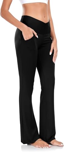 Yogahose Damen mit Taschen Blickdicht Cross V-Taille Bootcut Jogginghose Schlaghose Fitnesshose Fitnes Schwarz XXL von OURCAN