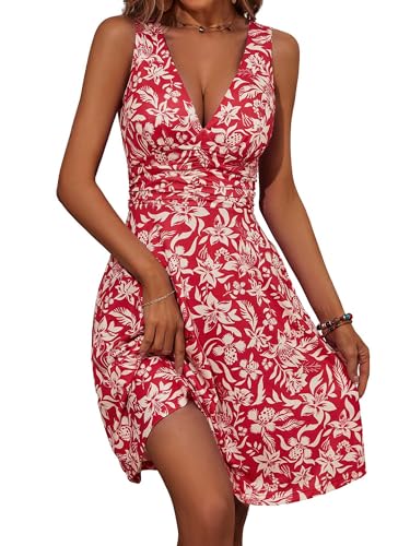 OURIN Damen-Sommerkleider für Frühling, V-Ausschnitt, ärmellos, florales Sommerkleid, mit Taschen, fließende Sommerkleider für Damen 2024, Rot/Ausflug, einfarbig (Getaway Solids), Mittel von OURIN