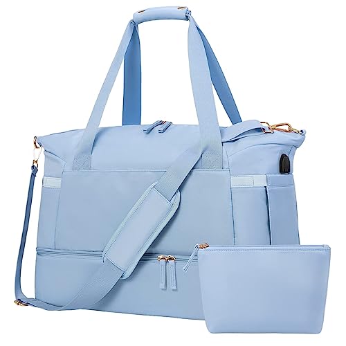 OUSHOP Mehrzweck-Sporttasche für Damen, Reisetasche, Reisetasche, Sport-Wochenendtasche, 30 Liter, Nasstasche und Schuh-Organizer, faltbar,Sky Blue,One Size von OUSHOP