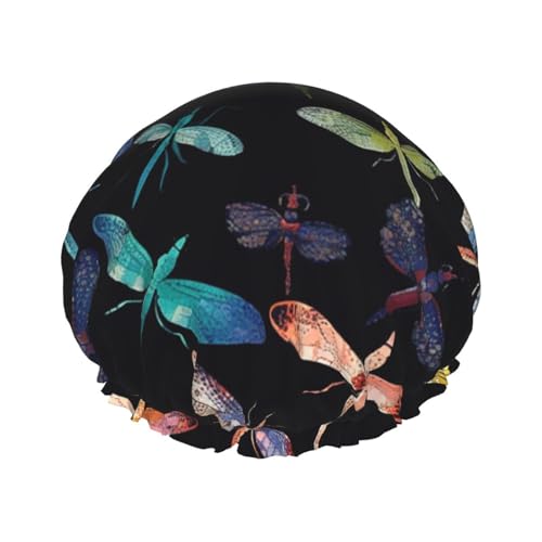 Duschhaube, wiederverwendbar, für Damen, langes Haar, doppellagig, wasserdicht, bunte Libellen, elastischer Duschhut, Haarschutz für Damen, Spa-Salon Duschhaube, wiederverwendbar, für Damen, langes Haar, doppellagig, wasserdicht, bunte Libellen, elastischer Duschhut, Haarschutz für Damen, Spa-Salon von OUSIKA