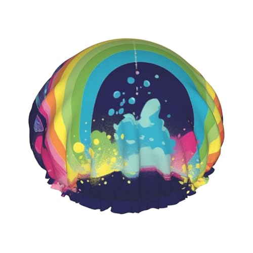 Duschhaube, wiederverwendbar, für Damen, langes Haar, doppellagig, wasserdicht, bunte Wale auf Regenbogen, elastischer Duschhut, Haarschutz für Damen, Spa-Salon Duschhaube, wiederverwendbar, für Damen, langes Haar, doppellagig, wasserdicht, bunte Wale auf Regenbogen, elastischer Duschhut, Haarschutz für Damen, Spa-Salon von OUSIKA