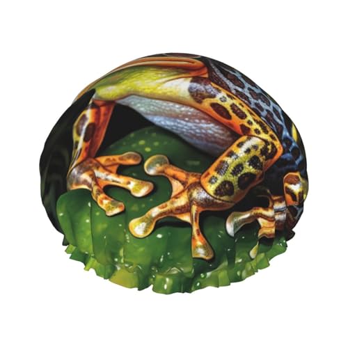 Duschhaube, wiederverwendbar, für Damen, langes Haar, doppellagig, wasserdicht, tropischer Frosch, elastischer Duschhut, Haarschutz für Damen, Spa-Salon Duschhaube, wiederverwendbar, für Damen, langes Haar, doppellagig, wasserdicht, tropischer Frosch, elastischer Duschhut, Haarschutz für Damen, Spa-Salon von OUSIKA