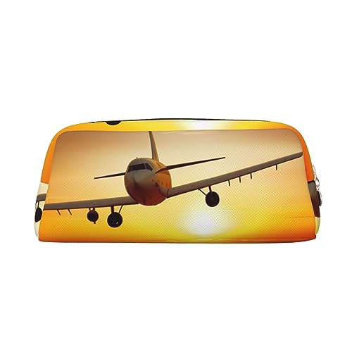 Flugzeugflugzeug bei Sonnenuntergang Make-up-Tasche Leder Federmäppchen Reise Kulturbeutel Kosmetiktasche tägliche Aufbewahrungstasche für Frauen, gold, Einheitsgröße, Taschen-Organizer von OUSIKA