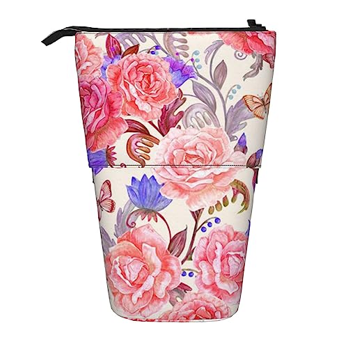 Geometrische Linien und Quadrate Ständer Bleistifthalter Teleskopisches Federmäppchen Stifttasche Make-up-Tasche Organizer für Büro, Blume, Rose, Schmetterling, Einheitsgröße, Taschen-Organizer von OUSIKA