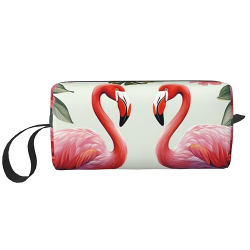 Kosmetiktasche für Damen, Motiv: Flamingo, Vogel, grüne Blätter, tragbare Make-up-Tasche, Reise-Aufbewahrungstasche, große Kapazität, Kulturbeutel, weiß, Einheitsgröße von OUSIKA