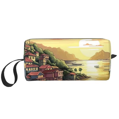 Kosmetiktasche mit Meereslandschaft für Damen, tragbare Make-up-Tasche, Reise-Aufbewahrungstasche, für den täglichen Gebrauch, große Kapazität, Kulturbeutel, weiß, Einheitsgröße von OUSIKA